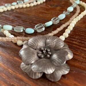 Karen Hill Tribe Fine Silver Triple Strand Boho Thai Silver & Gemstone Necklace